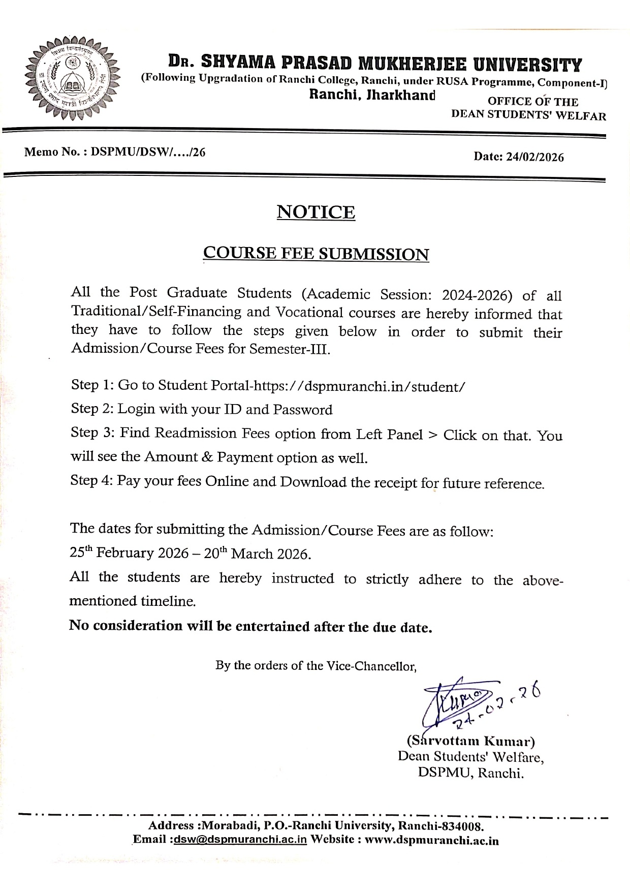 DSPMU Ranchi PG Semester-III Course Fee Submission Online 2026