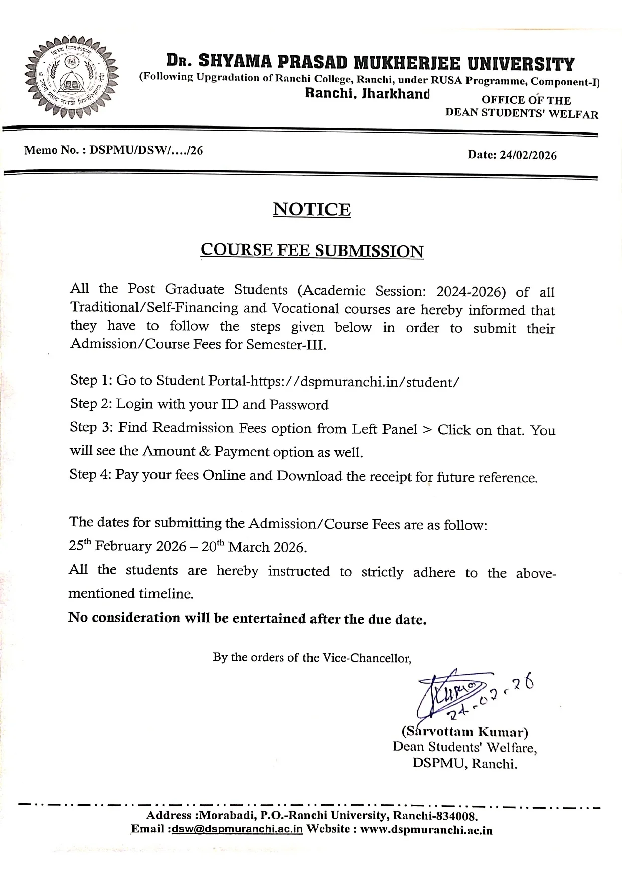 DSPMU Ranchi PG Semester-III Course Fee Submission Online 2026