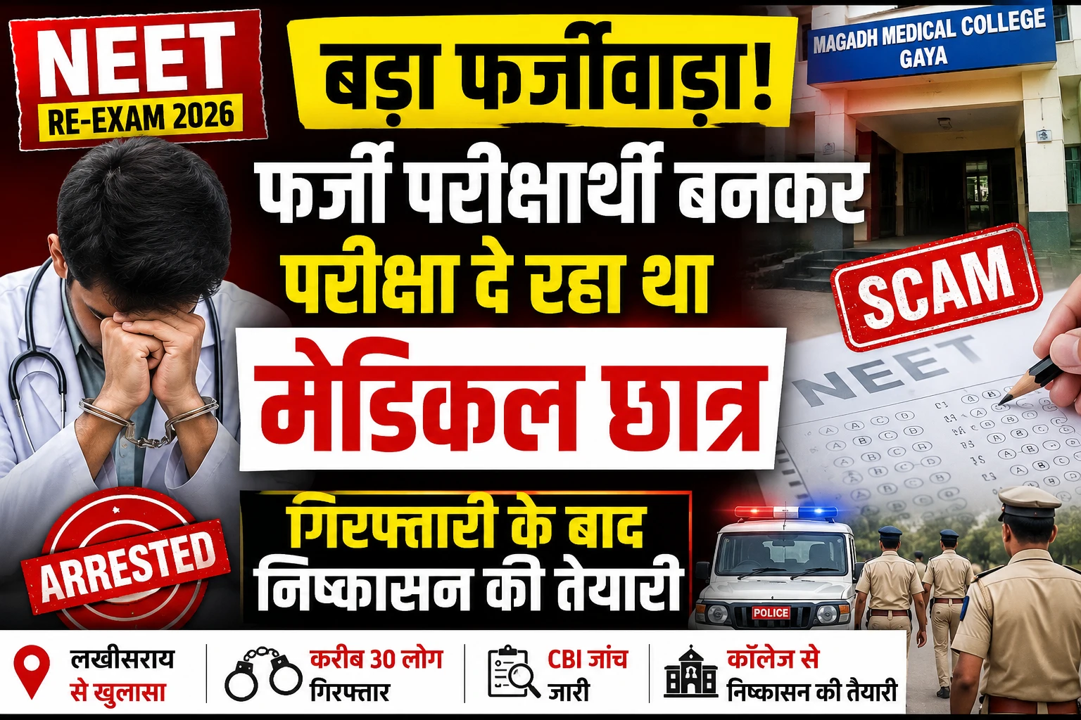 NEET Re-Exam 2026: फर्जी परीक्षार्थी बनकर परीक्षा दे रहा था मेडिकल छात्र, गिरफ्तारी के बाद निष्कासन की तैयारी