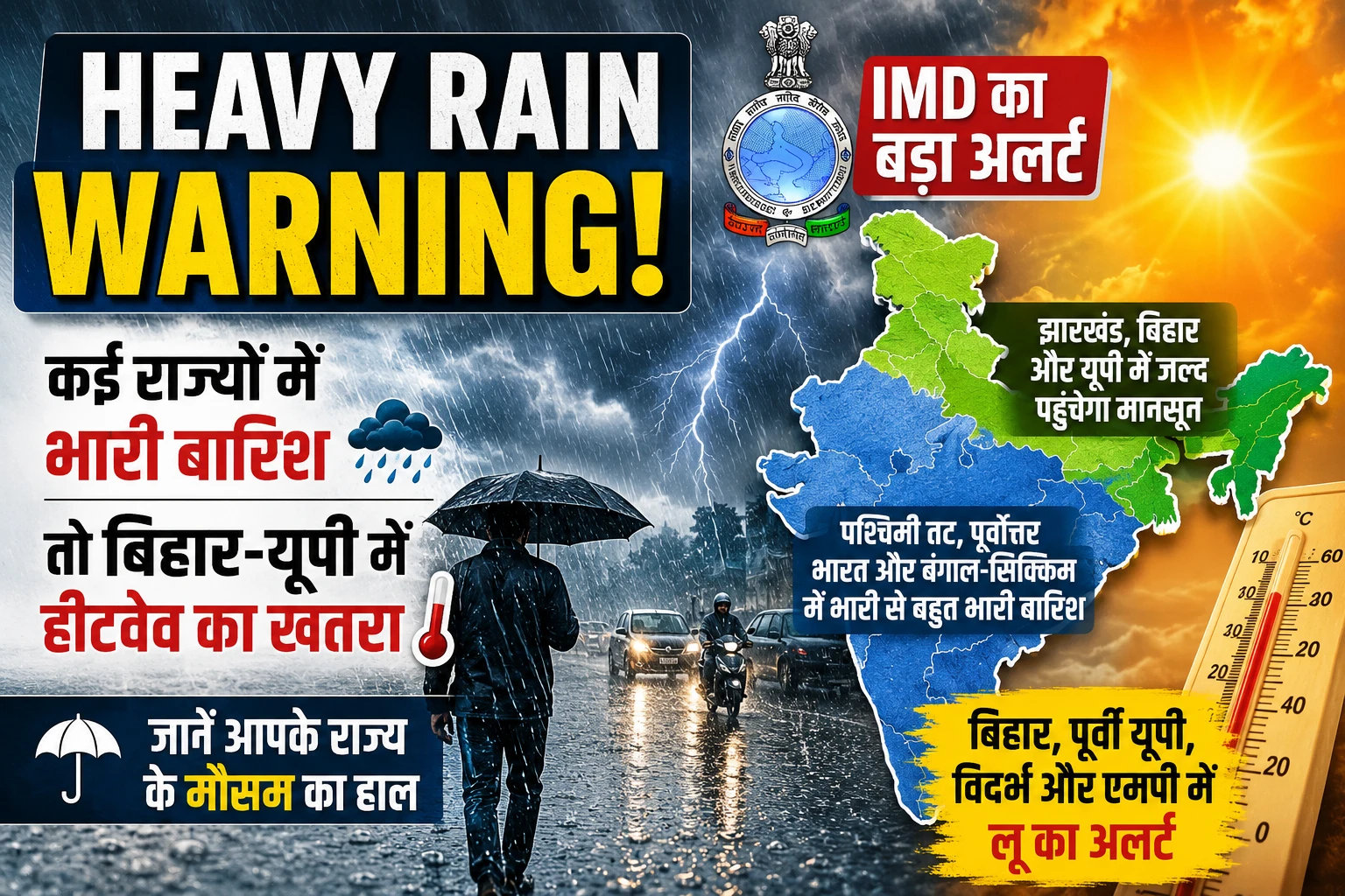 Heavy Rain Warning: IMD का बड़ा अलर्ट, कई राज्यों में भारी बारिश तो बिहार-यूपी में हीटवेव का खतरा