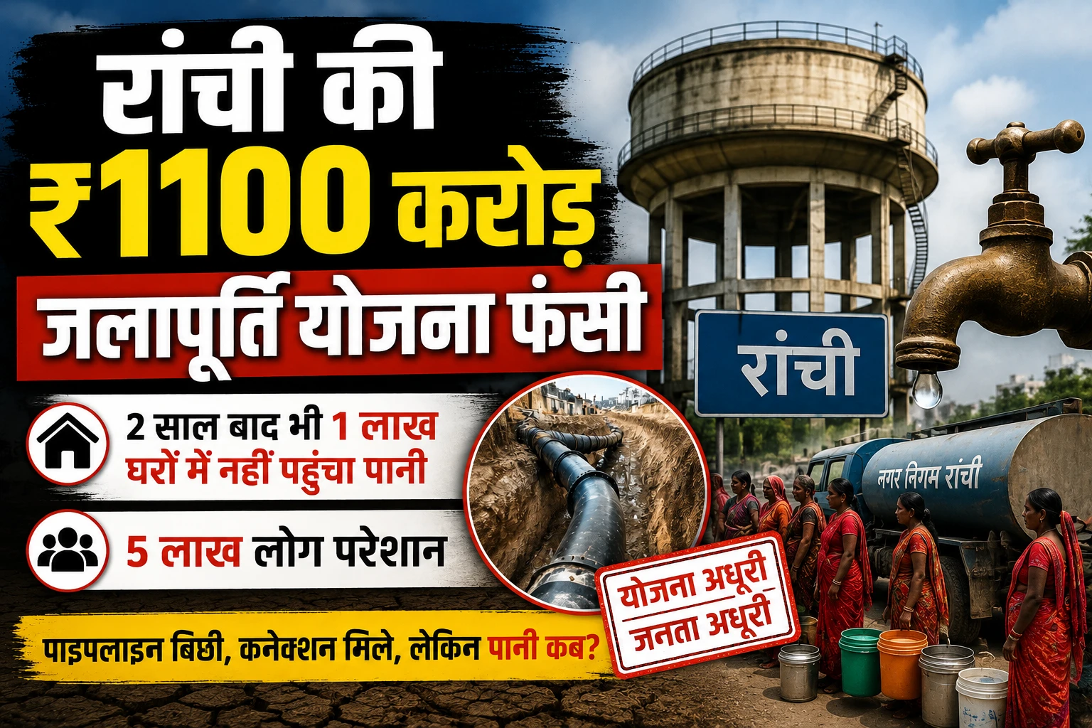 रांची की ₹1100 करोड़ जलापूर्ति योजना फंसी: 2 साल बाद भी 1 लाख घरों में नहीं पहुंचा पानी, 5 लाख लोग परेशान