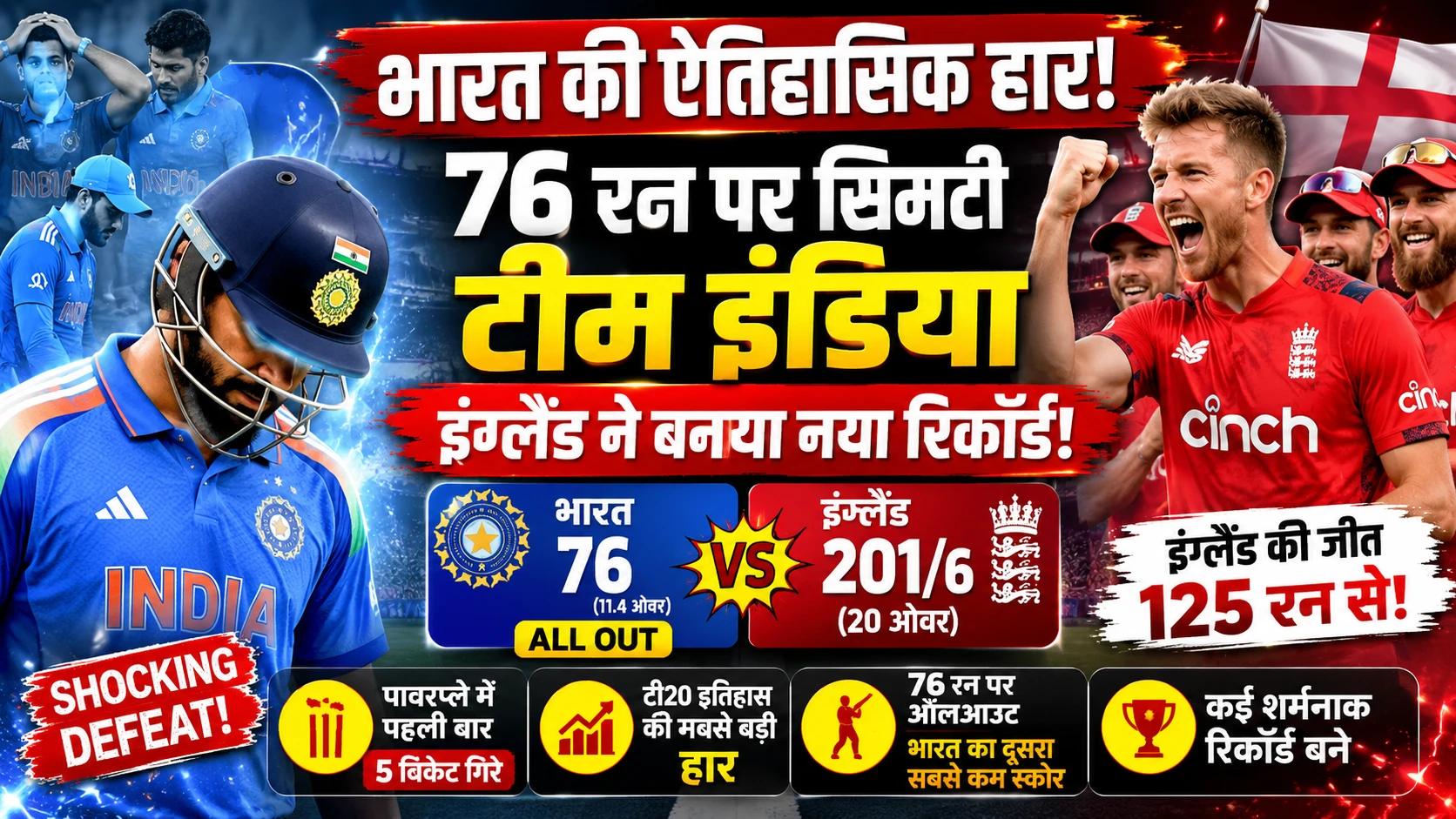 भारत की ऐतिहासिक हार: 76 रन पर सिमटी टीम इंडिया, इंग्लैंड ने बनाया नया रिकॉर्ड