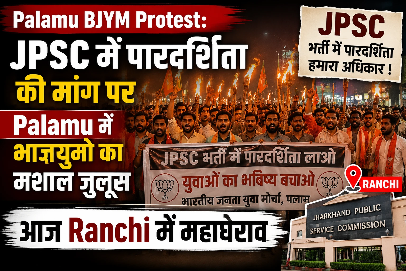 Palamu BJYM Protest: JPSC में पारदर्शिता की मांग पर Palamu में भाजयुमो का मशाल जुलूस, आज Ranchi में महाघेराव
