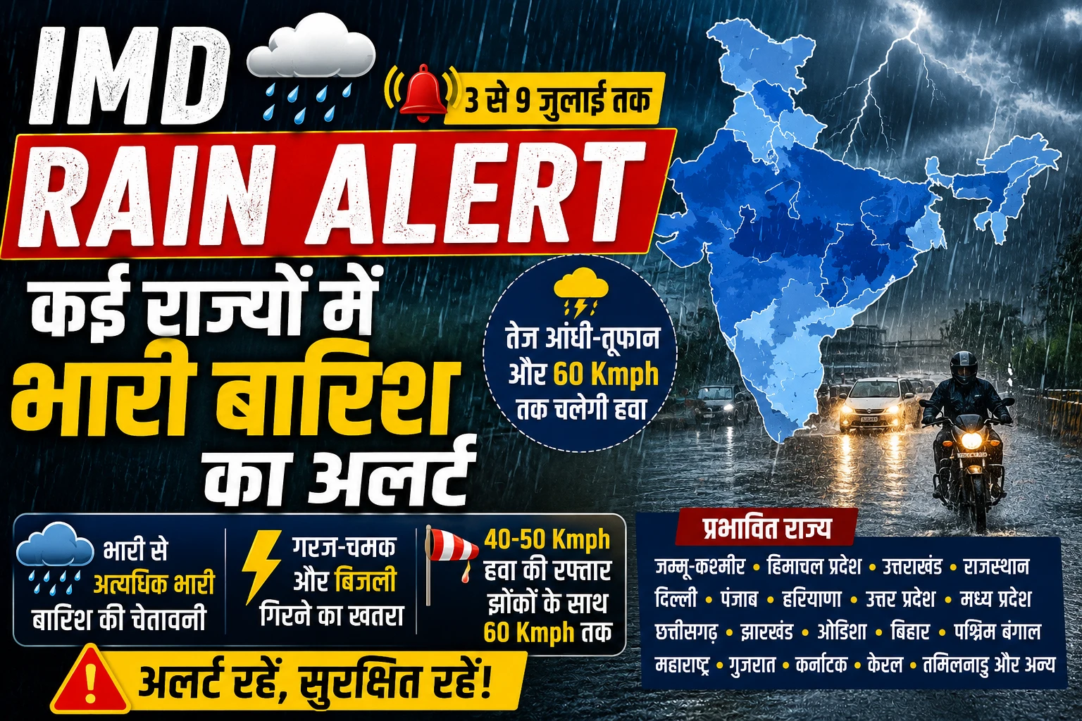 IMD Rain Alert: 3 से 9 जुलाई तक कई राज्यों में भारी बारिश का अलर्ट, तेज आंधी-तूफान और 60 Kmph तक चलेगी हवा