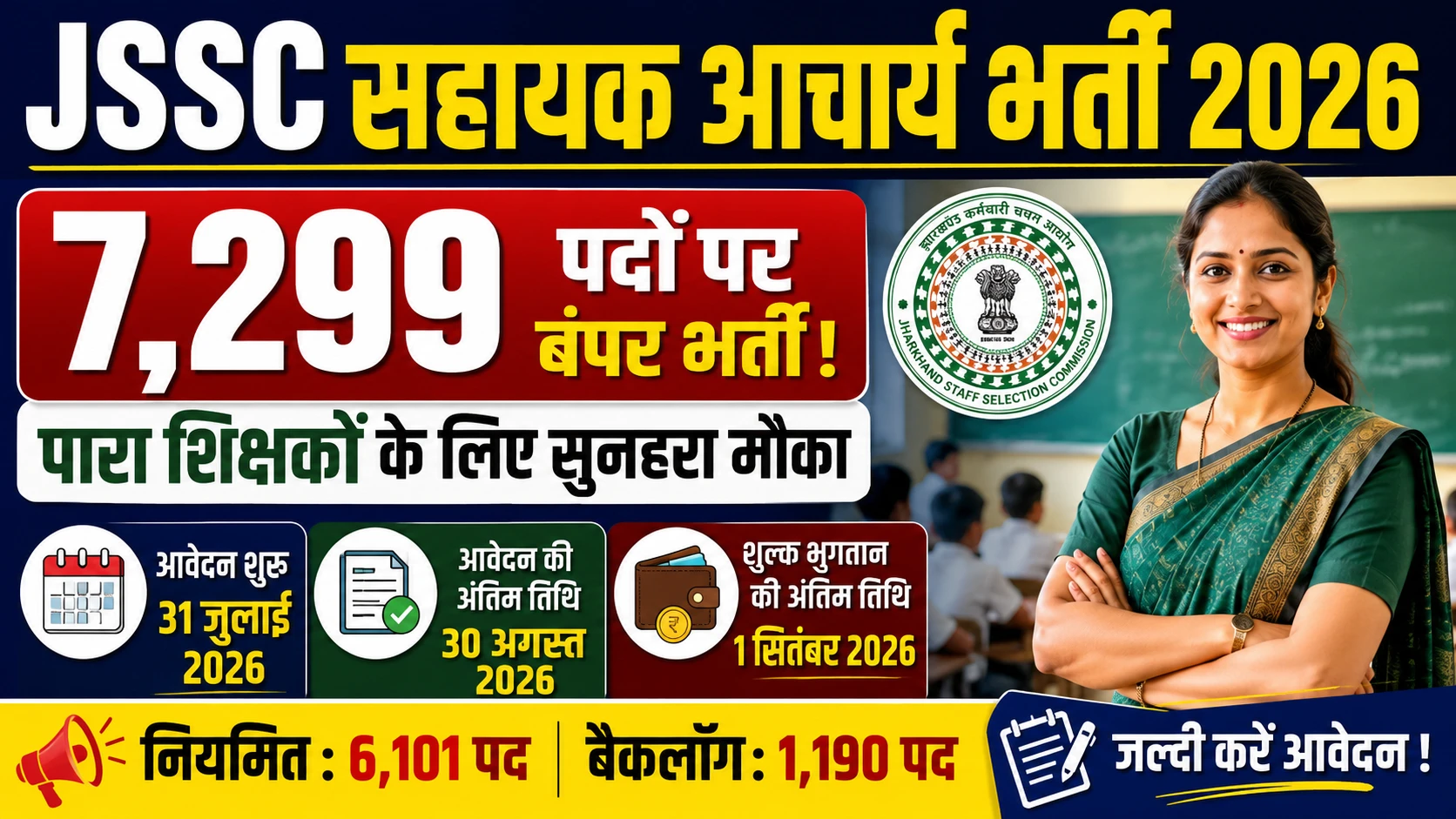 JSSC Assistant Teacher Recruitment 2026: झारखंड में पारा शिक्षकों के लिए 7,299 सहायक आचार्य पदों पर भर्ती, 31 जुलाई से आवेदन शुरू