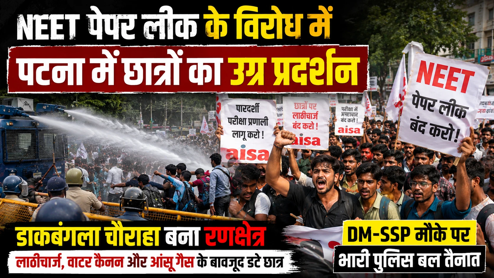 Patna Protest, NEET Paper Leak Protest, Patna NEET Protest, NEET पेपर लीक, Patna News, Bihar News, AISA Protest, डाकबंगला चौराहा, Patna Student Protest, Bihar Student Protest, NEET Exam News, Bihar Police, Water Cannon, Lathi Charge, Education News