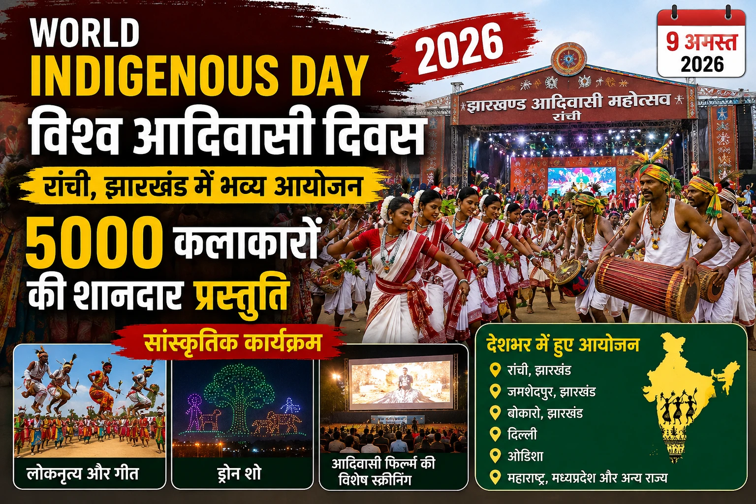 World Indigenous Day 2026: 9 अगस्त को विश्व आदिवासी दिवस पर रांची में झारखंड आदिवासी महोत्सव, 5000 कलाकारों की प्रस्तुति, सांस्कृतिक कार्यक्रम और देशभर में हुए आयोजनों की पूरी जानकारी