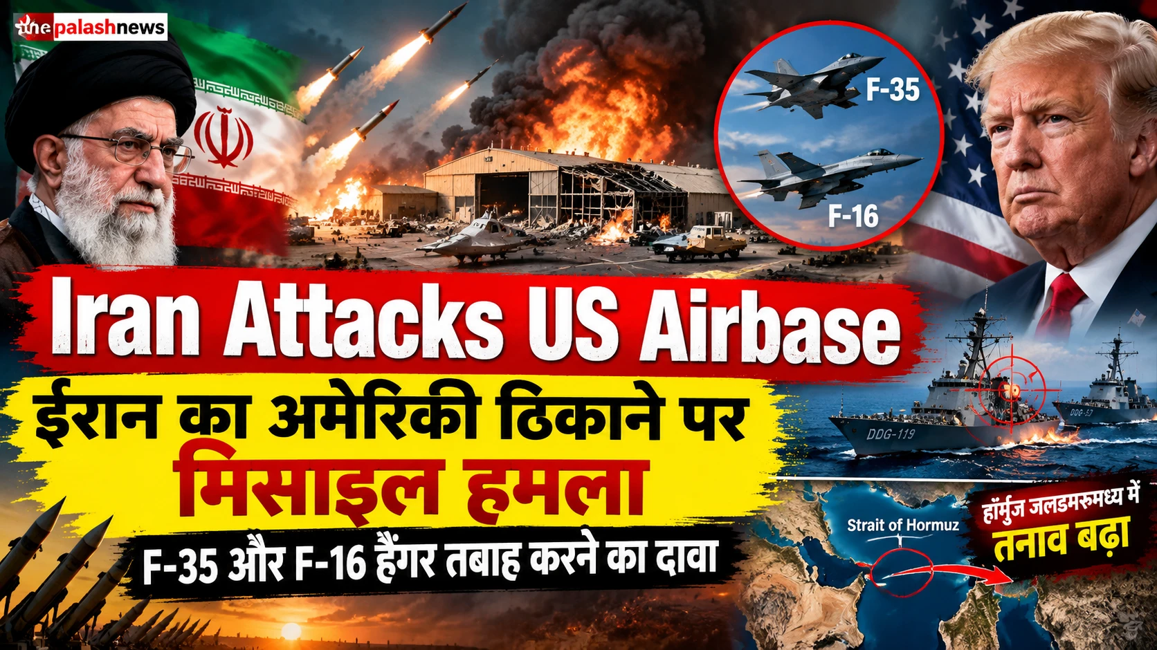 बिल्कुल। आपके **Palash News** के लिए इस खबर का SEO पैक इस तरह रख सकते हैं: ### SEO Title **Iran Attacks US Airbase: अमेरिकी बेस पर ईरान का मिसाइल हमला, F-35-F-16 हैंगर तबाह करने का दावा** ### Meta Description **Iran-US Conflict के बीच ईरान ने अमेरिकी एयरबेस पर मिसाइल हमले का दावा किया है। F-35 और F-16 हैंगर को नुकसान पहुंचाने के दावे के साथ Strait of Hormuz में भी तनाव बढ़ा।** ### Focus Keyword **Iran Attacks US Airbase** ### Secondary Keywords Iran Missile Attack, Iran US Conflict, US Airbase Attack, F-35, F-16, IRGC, Strait of Hormuz, Iran News, US Iran War, Middle East Conflict ### Permalink `iran-attacks-us-airbase-f35-f16-hangar` Iran Attacks US Airbase: ईरान का अमेरिकी ठिकाने पर मिसाइल हमला, F-35 और F-16 हैंगर तबाह करने का दावा
